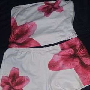 Floral Two-Piece Tube Top & Shorts Set - White with Pink Flowers